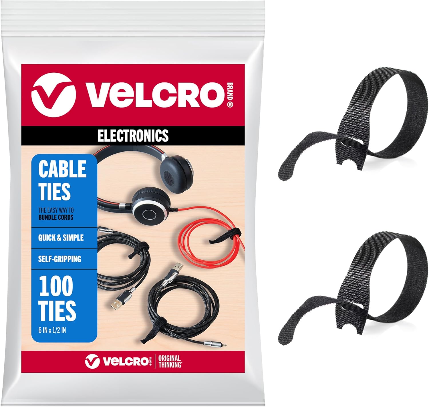 VELCRO Brand Reusable Cable Ties, 100 Pack 6 Inch, Cord & Cable Management Straps for Electronics, Desk, Home Office & Workstations, Black